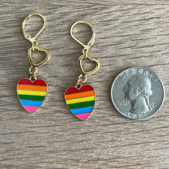 HAND CRAFTED FLOATING HEARTS PRIDE EARRINGS Pink Blue Green Yellow Orange Red - Picture 4 of 12
